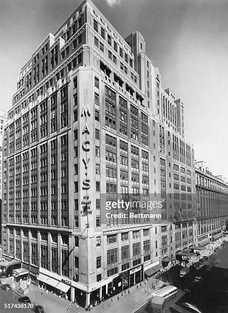 Photo shows exterior view of Macy's department store in New York. Ca. 1940s.
