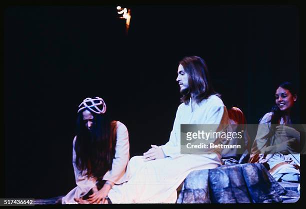 Jesus, played by Jeff Fenholt, has his feet washed by Mary Magdalene, played by Yvonne Elliman, in this scene from the Broadway production of "Jesus...