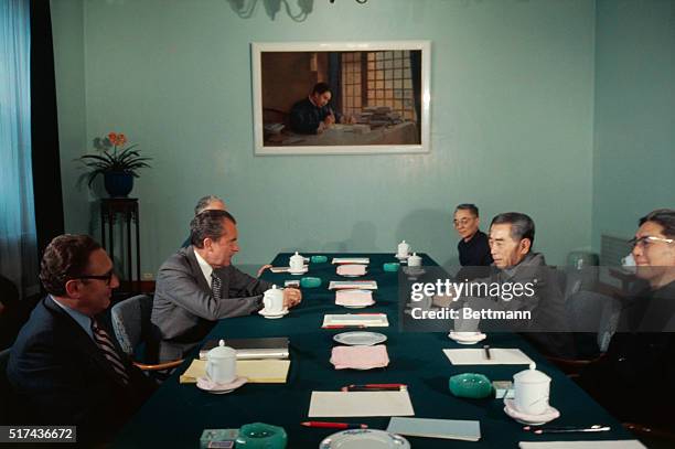 Peking, China. President Richard Nixon and Premier Chou En-Lai and their aides, including Henry Kissinger , begin the third day of formal talks, this...