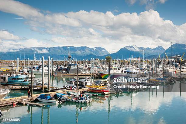 boats docked in alaskan water - homer south central alaska stock pictures, royalty-free photos & images