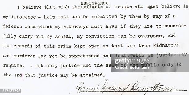 Condemned Man's Appeal for Aid. Flemington, New Jersey: Still claiming innocence, this appeal was sent to the public by the lawyers of Bruno Richard...