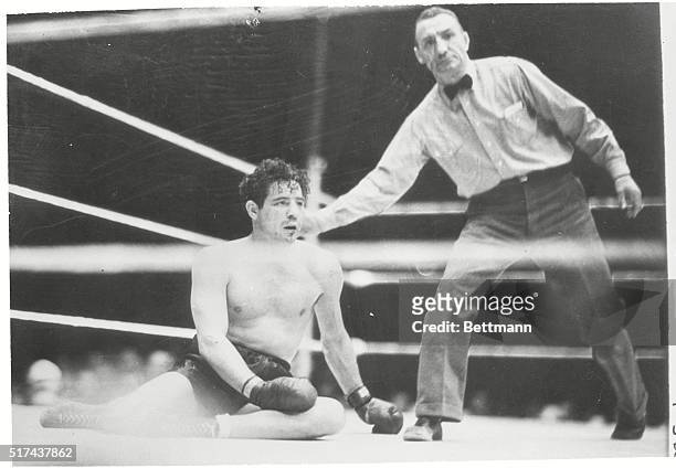 Louis floors Max Baer with terrific right...Max Baer dropped for the count of eight in the third round of a stiff right delivered by Joe Louis and...