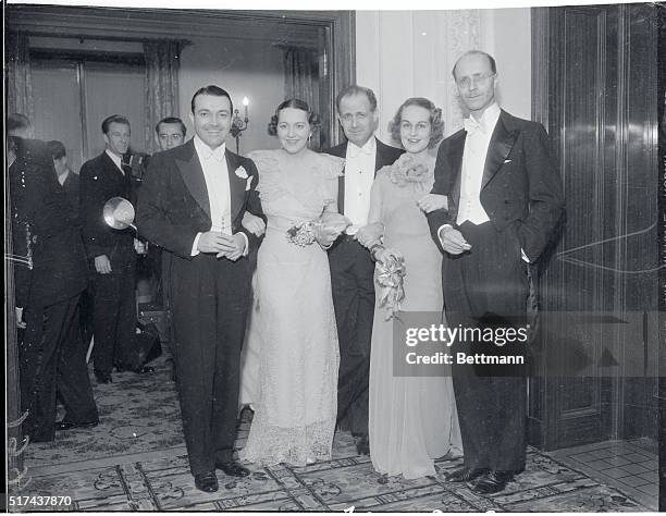 Richard Barthelmess, Mrs. Richard Barthelmess, Tullio Carminatti, and Mr. And Mrs. David Ogden Stewart at Mayfair party at the Beverly Wilshire Hotel.
