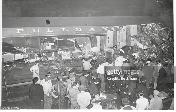 Bradford, Ohio: A view of a part of the wreckage of 3 freight trains that piled up in a wreck here, May 21, killing 3 trainmen & injuring 4 other...