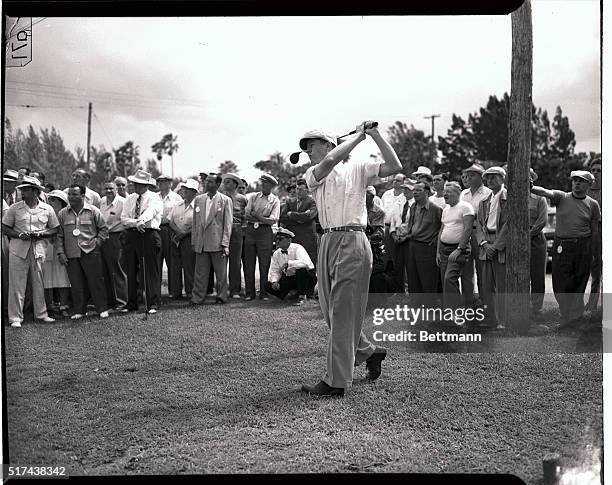 Byron Nelson and his partner Harold "Jug" McSpaden , drive off the tenth tee during the March 7 round of the International Four Ball Golf Matches,...