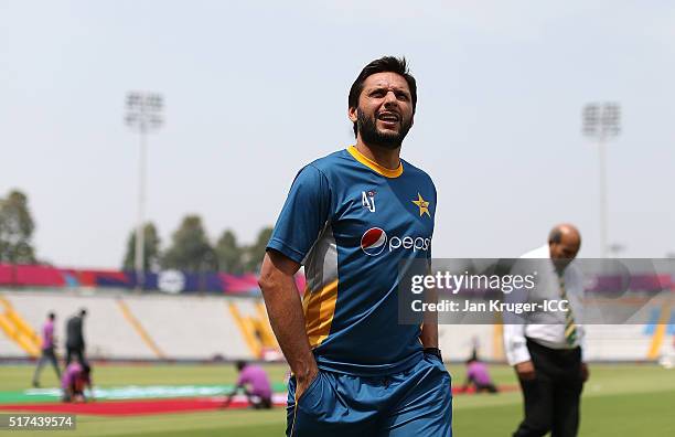 Shahid Afridi, Captain of Pakistan looks on ahead of the ICC World Twenty20 India 2016 Super 10s Group 2 match between Pakistan and Australia at the...