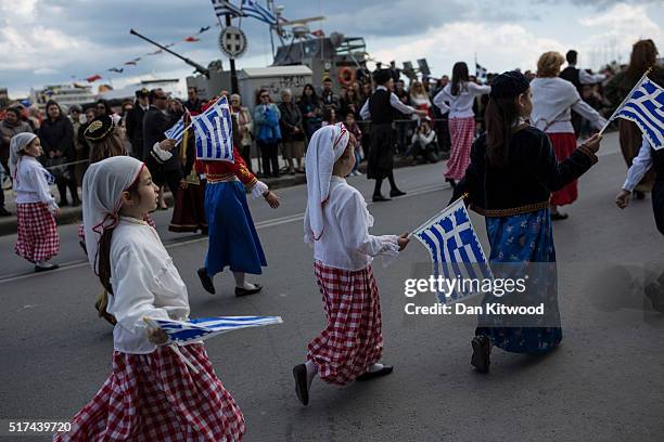 School children march during the Independence Day parade on March 25, 2016 in Mytilene, Greece. The annual parade marks the anniversary of Greek...