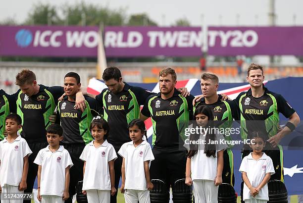 Steven Smith, Captain of Australia and his team line up for their national anthem during the ICC World Twenty20 India 2016 Super 10s Group 2 match...