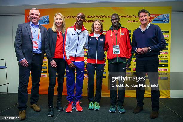 Run4Wales Matt Newman, former athlete Paula Radcliffe, Mo Farah of Great Britain, Sara Hall of the USA, Geoffrey Kipsang Kamworor of Kenya and IAAF...