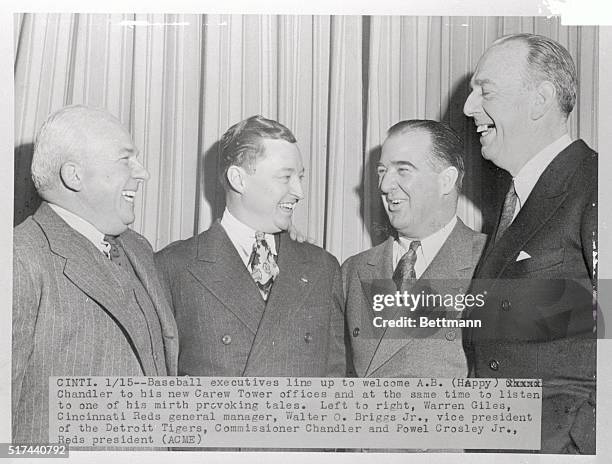 Baseball executives welcome baseball commissioner A.B. "Happy" Chandler to his new Carew Tower offices in Cinncinnati. Left to right: Warren Giles,...