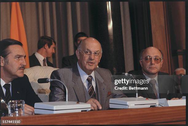 Johannesburg, South Africa: Close up of P. W. Botha, President of South Africa. On his left is foreign Minister Pic Botha. On his right is F. W....