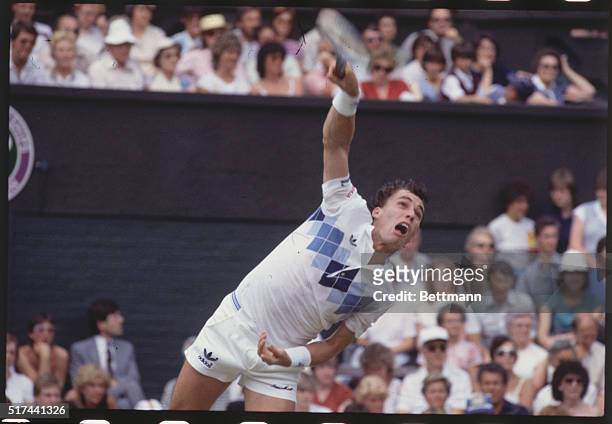Ivan Lendl struggling for the ball in his match against Waltke during the Wimbledon Men's Singles Championship Finals.