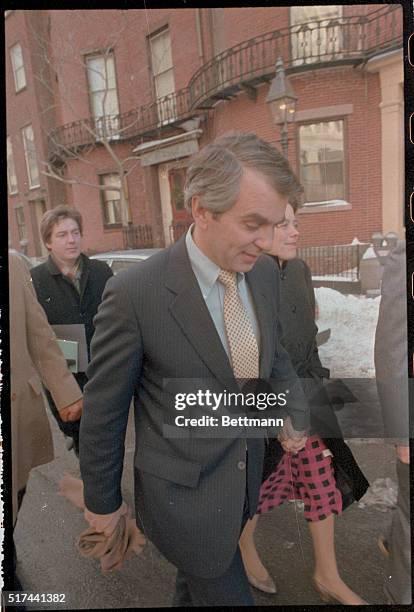 Senator Paul Tsongas, D-Massachusetts, holding hands with his wife, Nikki, leaves Massachusetts State House news conference where he announced he...