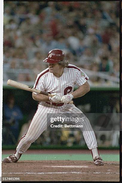 Pete Rose of the Philadelphia Phillies batting during the National League Championship playoffs against the Los Angeles Dodgers.
