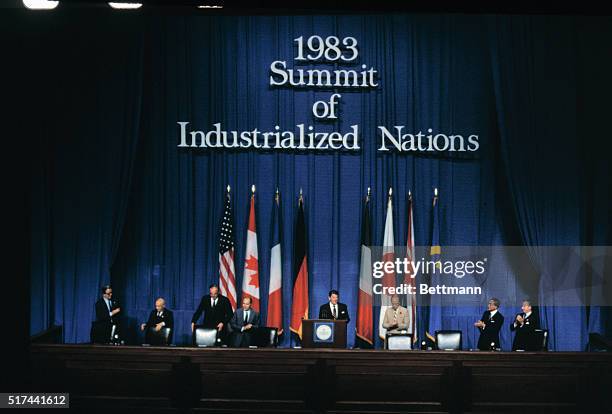 President Ronald Reagan after reading a joint statement ending seven-nation summit here 5/30. The President chalked up a victory at the summit for...