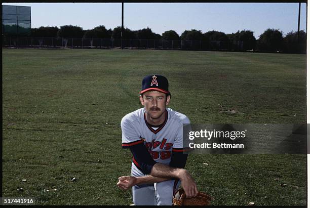 Half-length portrait of Mike Witt, pitcher for the California Angels, kneeling on the field.