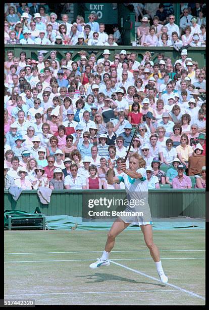 Wimbledon, England: Martina Navratilova in action during the women's final match at Wimbledon, England.