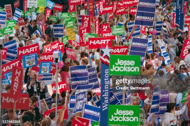 San Francisco: An overhead view of the crowd at the Democratic National Convention. Slide shows mass amount of people holding up signs, which are...