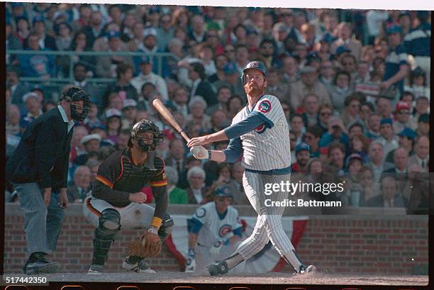 Rick Sutcliffe, pitcher for the Chicago Cubs, hit a home run in the third inning of the first game of the National League Playoffs against the San...