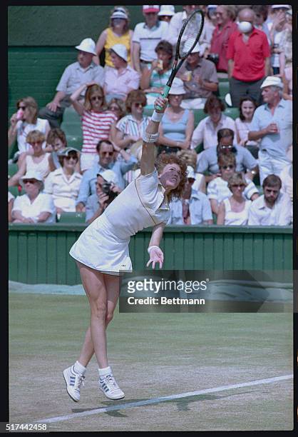 Wimbledon, England: Tennis player Kathy Jordan plays a set against Martina Navratilova during match-up at the Wimbledon Tournament.