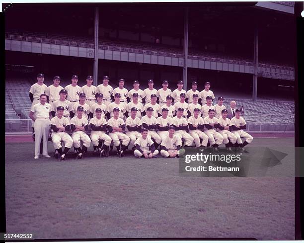 New York Yankees - Sitting: Eddie Carr, Joe Carrieri. First Row: Whitey Ford, Billy Martin, Phil Rizzuto, Bobby Richardson; Coach Frank Crosetti,...