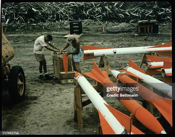 Rockets are assembled on Bikini atoll prior to the Cherokee test. These rockets are fired into the radioactive cloud to analyze its content....