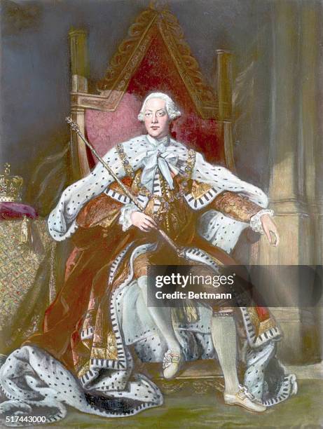 Painting of King George III of England, , seated on the throne in full regalia. Undated illustration.