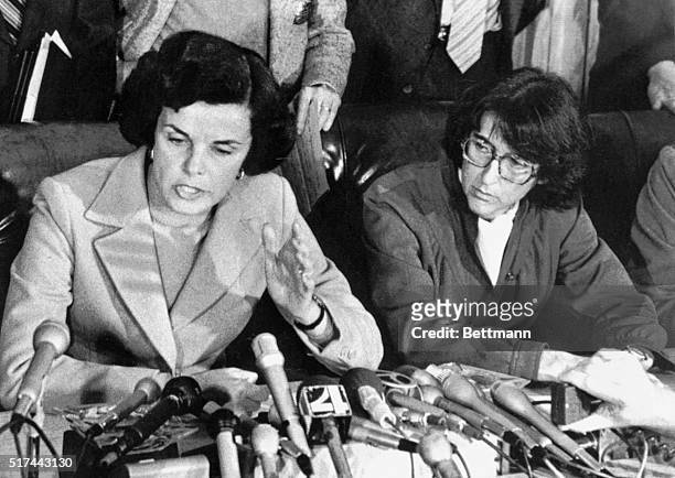 Dianne Feinstein, president of the board of supervisors, holds a press conference following the killing of Mayor George Moscone and supervisor Harvey...