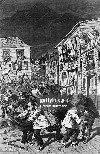 Illustration depicting the anti-Chinese riot in Denver on October 31st, 1880. Crowds attack Chinese buildings and their inhabitants. Undated...