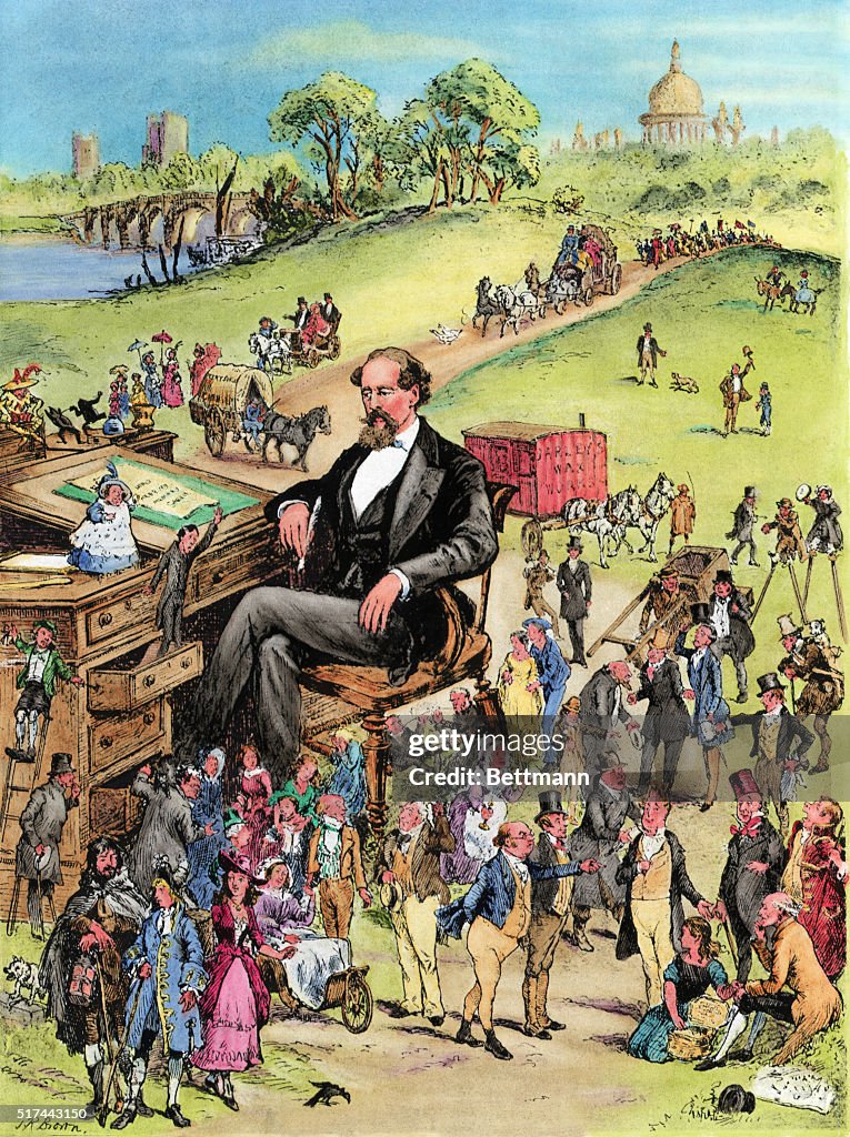 Illus Charles Dickens @Desk W/Characters