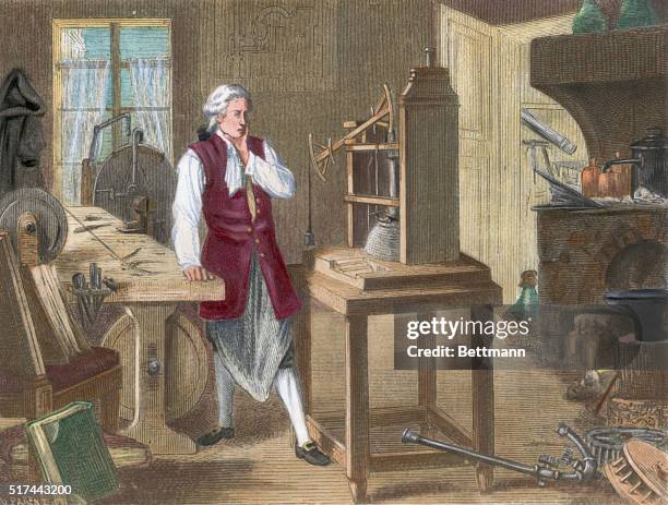 Illustration depicting James Watt in his laboratory studying improvements for the steam engine. Undated hand-colored engraving.