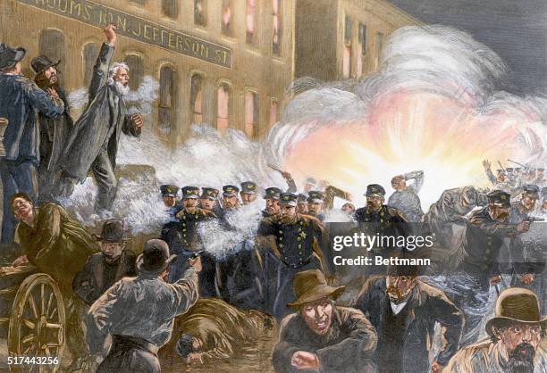 Illustration depicting the Anarchist Riot on May 4th, 1886 in Chicago. Shows a bomb exploding among the police. Colored wood engraving by T. De...