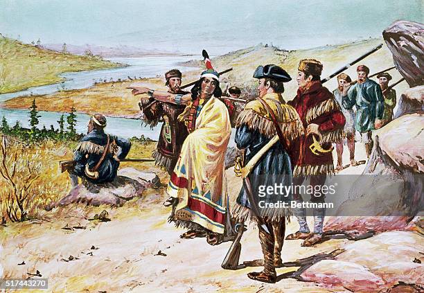 Lewis and Clark expedition - Sacajawea guiding the expedition from Mandan through the Rocky Mountains. Painting by Alfred Russell. Color slide.