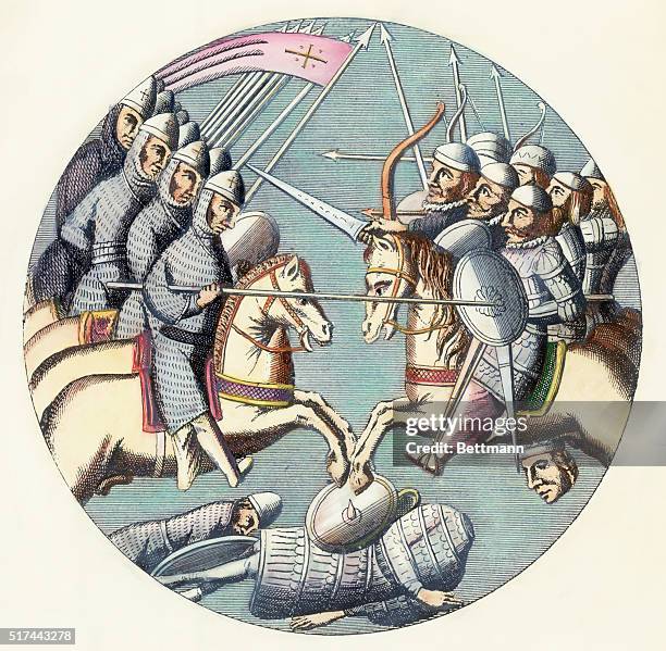 The battle between the Crusaders and Moslems at Ascalon, 1099. Illustration after a glass painting on the Abbey of St. Denis. Undated illustration.