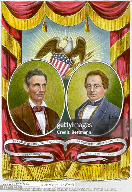 Election banner for the Lincoln-Hamlin Republican ticket. Shows portraits of both candidates, surrounded by a red velvet curtain. Currier and Ives...