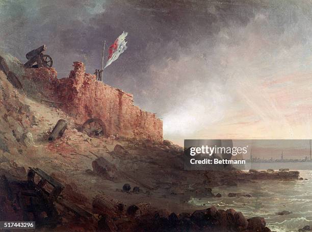 Sunset at Fort Sumter after the Federal bombardment of 1863. Painting by Conrad Wise Chapman.