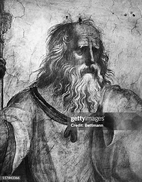 Vatican City, Rome: Detail of the painting "School of Athens," by Raphael. Detail of Plato's head and shoulders. Undated photo.