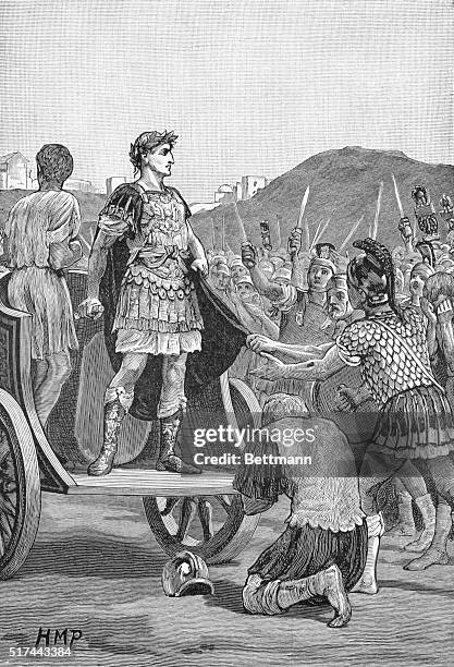 Julius Ceasar releasing his soldiers. Caption reads, "Citizens! I discharge you!" Undated engraving.