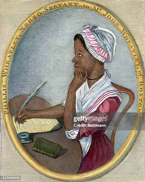 Phillis Wheatley . Portrait of American poet seated at a desk writing with a quill pen. Undated hand-tinted color engraving with an original caption...