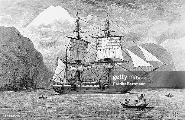 Illustration of the H.M.S. Beagle carrying Charles Darwin's expedition in the Straits of Magellan, Mt. Sarmiento in the distance.