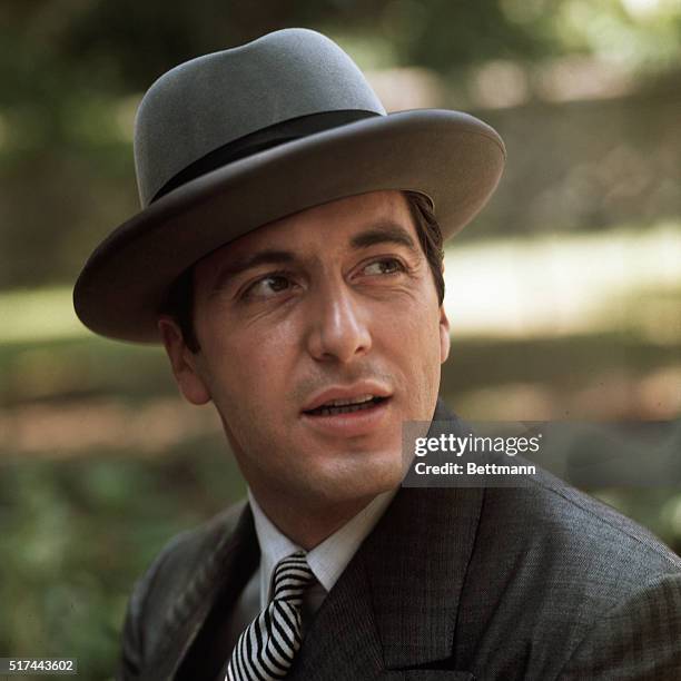 New York, NY: Close up of Actor Al Pacino in the role of Michael Corleone in "The Godfather." Undated movie still.