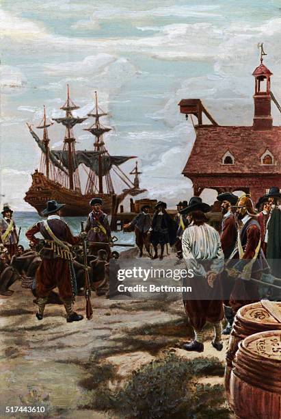 Landing slaves from a Dutch man-of-war ship at Jamestown, VA. Undated painting.