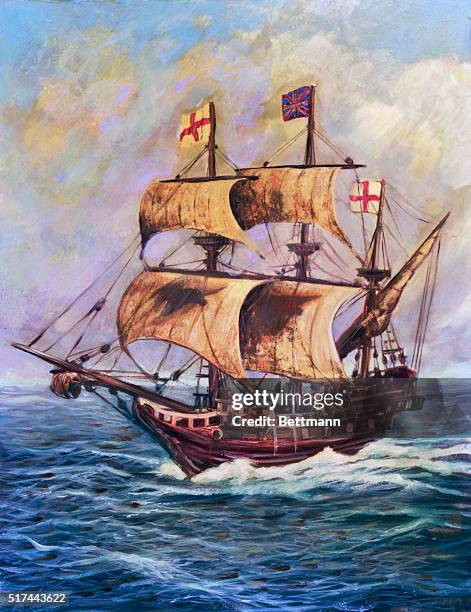 Illustration depicting the pilgrim ship Mayflower.