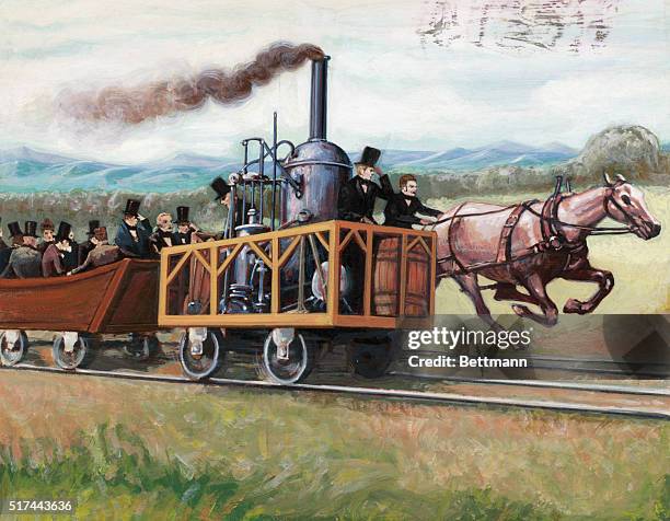 Illustration depicting the Aug. 25, 1830 race between Peter Cooper's Tom Thumb locomotive and a B&O horsedrawn car from Ellicott's Mills to...