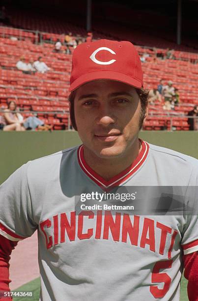 San Francisco, CA: Cincinnati Reds catcher Johnny Bench shown in this closeup pose during April 14th game with Giants.