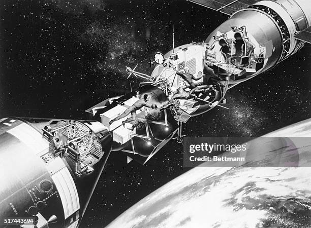 This artist's conception -- a cut-away view of the docked Apollo and Soyuz spacecrafts in Earth Orbit -- depicts the moment the U.S. And U.S.S.R....