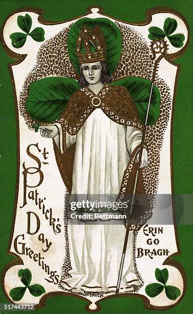 Green St. Patrick's Day postcard, with gold embossed detail. Illustration depicts an image of St. Patrick holding a shamrock. The words "ERIN GO...