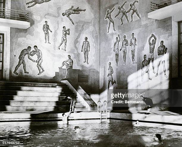 Rome- A Roman bath, modern style, is made available to GIs in Rome. This elegant pool was built by Mussolini for the youth of Rome. The youth of...