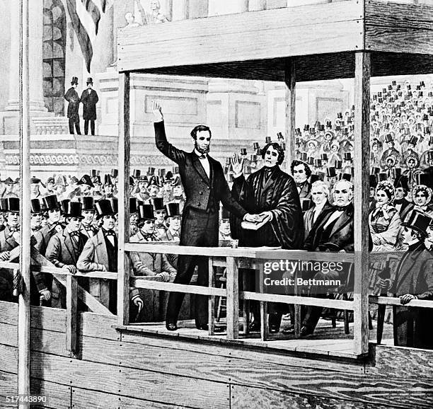 Wash drawing of Abraham Lincoln's first Presidential inauguration, Mar. 4, 1861. Lincoln waves to an audience of men wearing top hats. Undated...