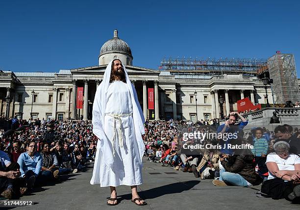 Actor James Burke-Dunsmore appears resurrected whilst playing Jesus during The Wintershall's 'The Passion of Jesus' in front of crowds on Good Friday...